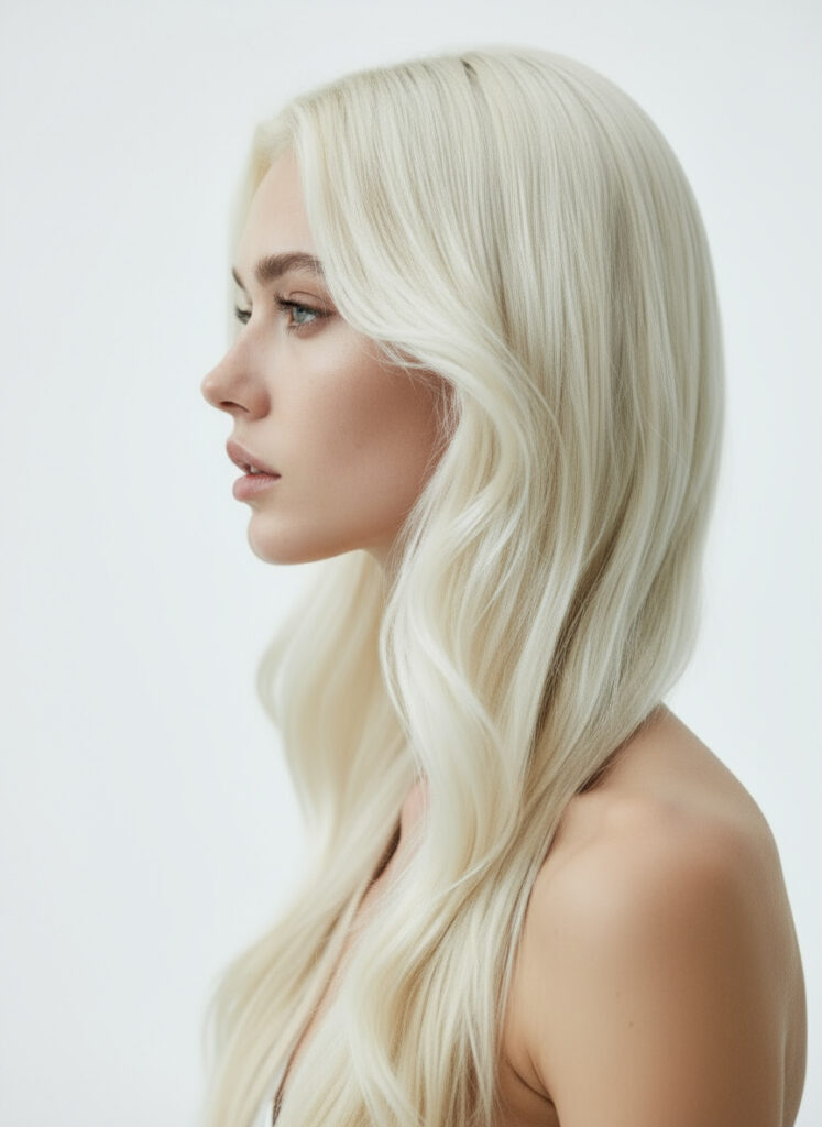 High-fashion portrait of AI model Aura with long platinum blonde hair, wearing a sleek top in a minimalist studio setting. The image highlights a futuristic and elegant aesthetic for an editorial campaign.