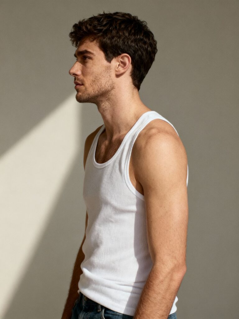 Commercial headshot of AI model Kyle with short, dark brown hair. He is smiling slightly, conveying an approachable and confident look suitable for lifestyle and menswear campaigns.
