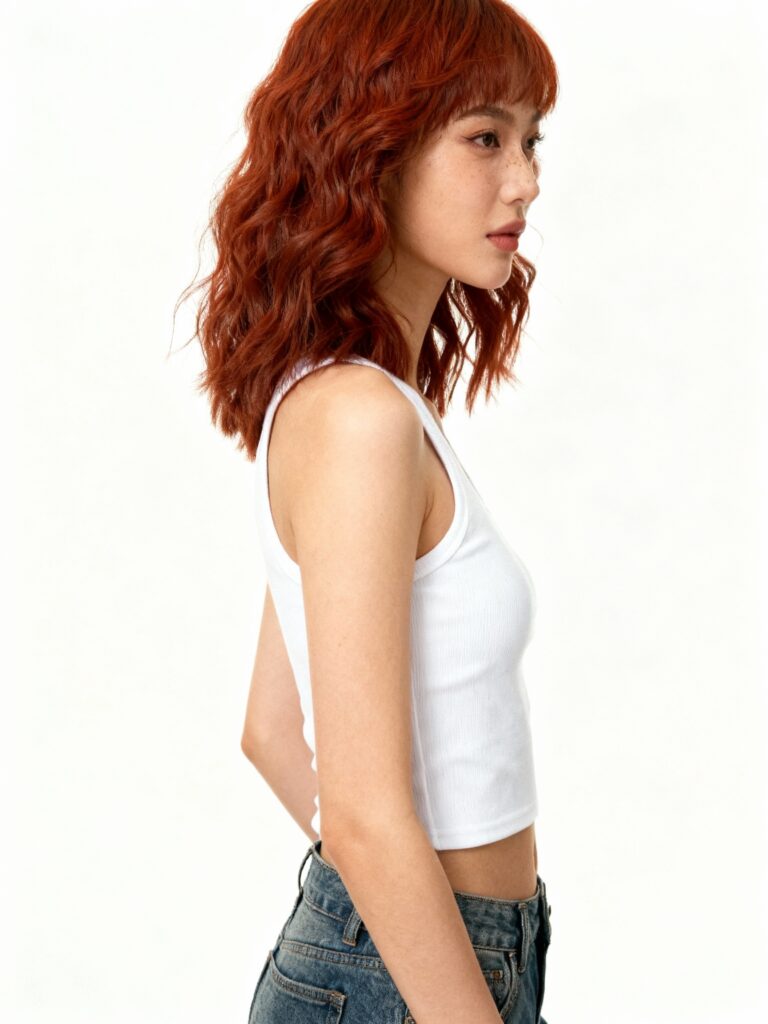 Dynamic photo of AI model Lia with vibrant auburn hair and a playful expression. The image is styled for a streetwear campaign, showcasing an energetic and modern persona.