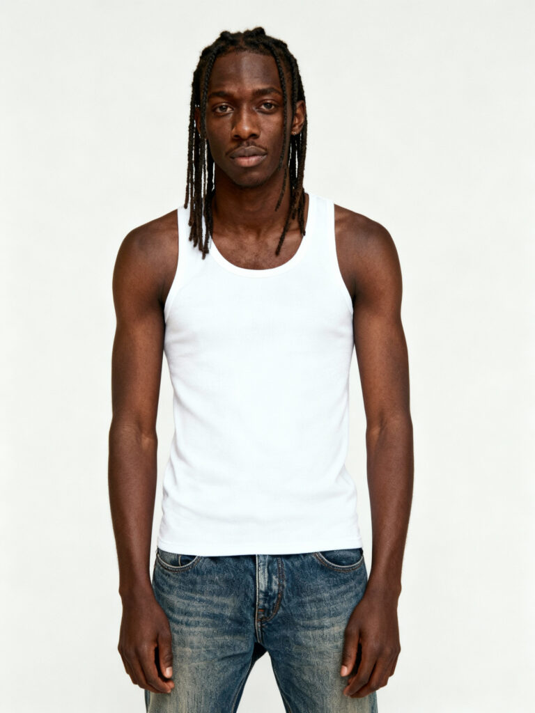 Studio headshot of AI model Jovan with a braided hairstyle. He is wearing a white tank top and has a confident expression, showcasing his look for streetwear and editorial campaigns.