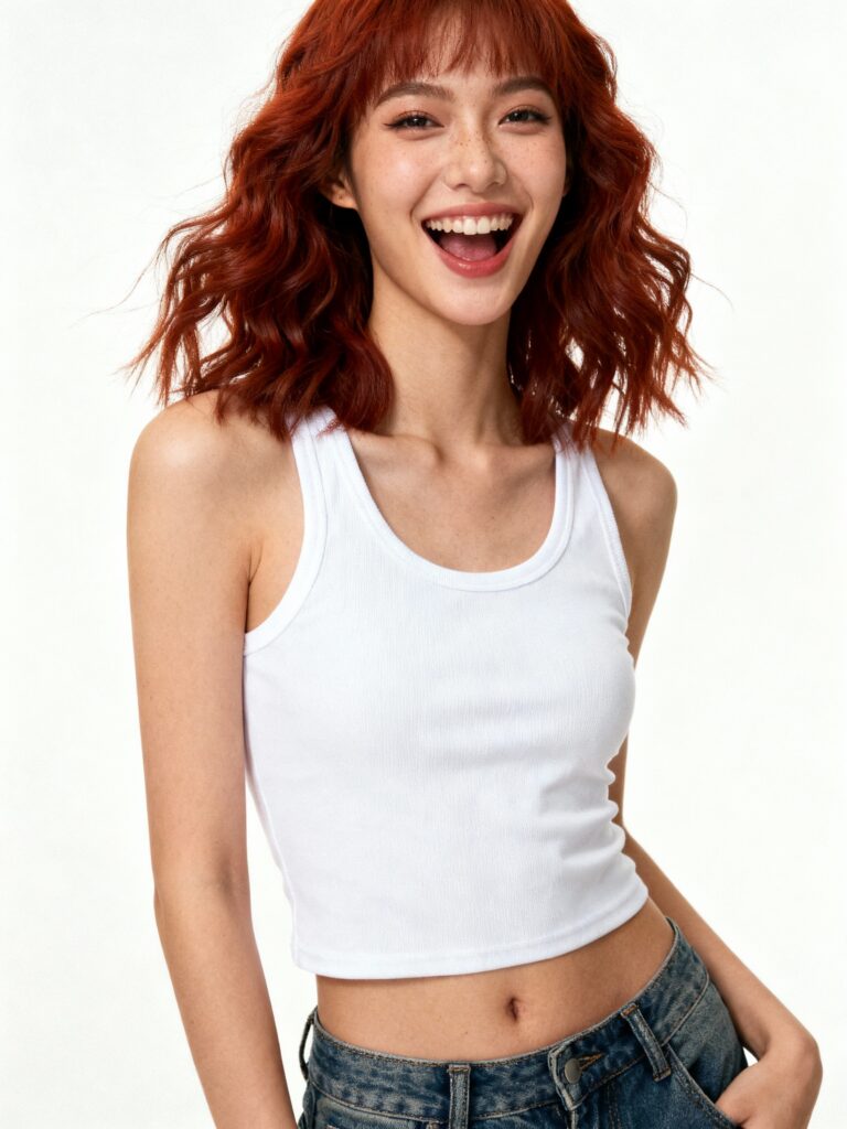 Dynamic photo of AI model Lia with vibrant auburn hair and a playful expression. The image is styled for a streetwear campaign, showcasing an energetic and modern persona.