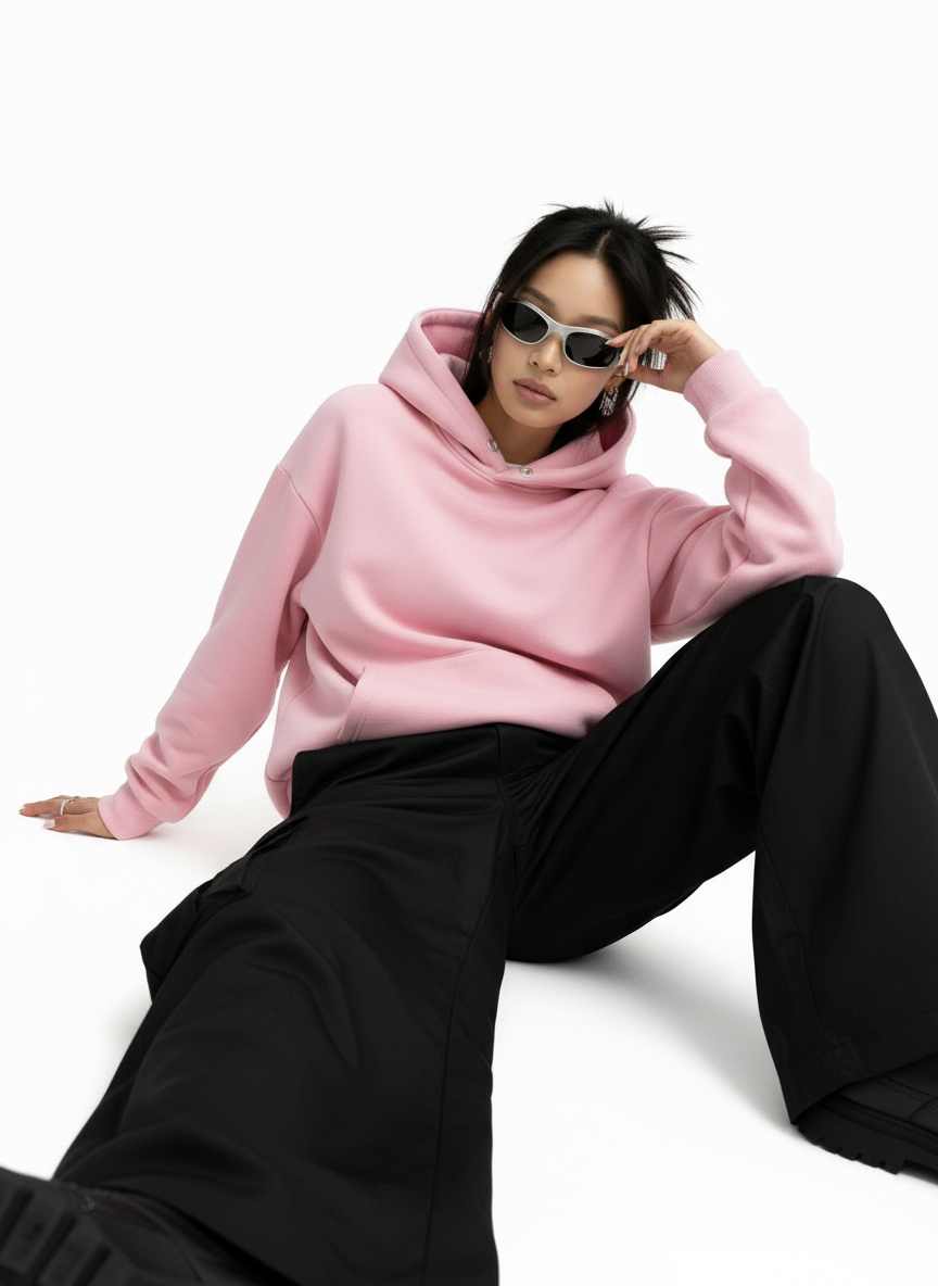 Virtual model wearing a black t-shirt and light-wash jeans, standing with hands in pockets against a clean white background. This image highlights the full outfit for e-commerce.