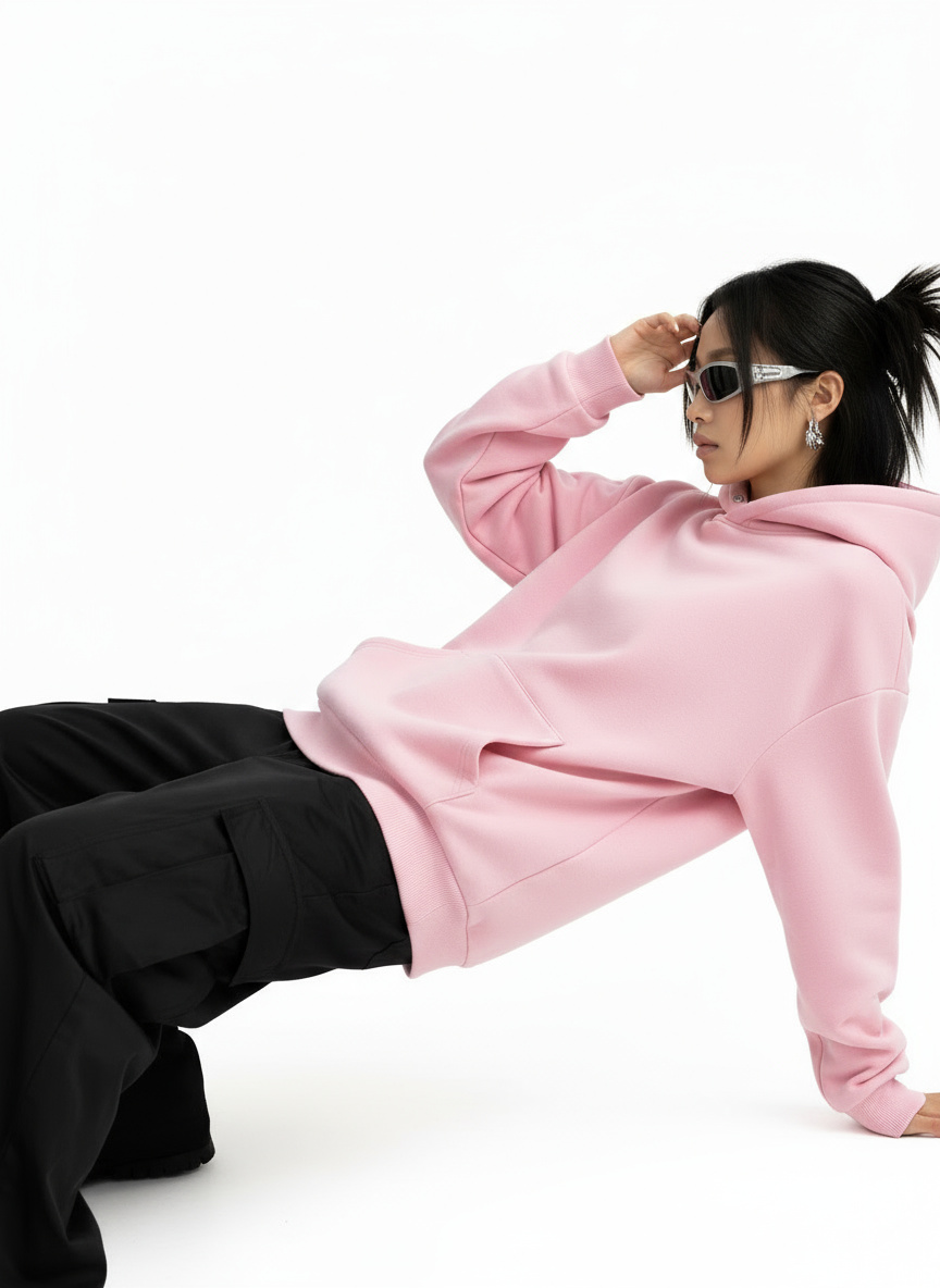 Virtual model wearing a black t-shirt and light-wash jeans, standing with hands in pockets against a clean white background. This image highlights the full outfit for e-commerce.