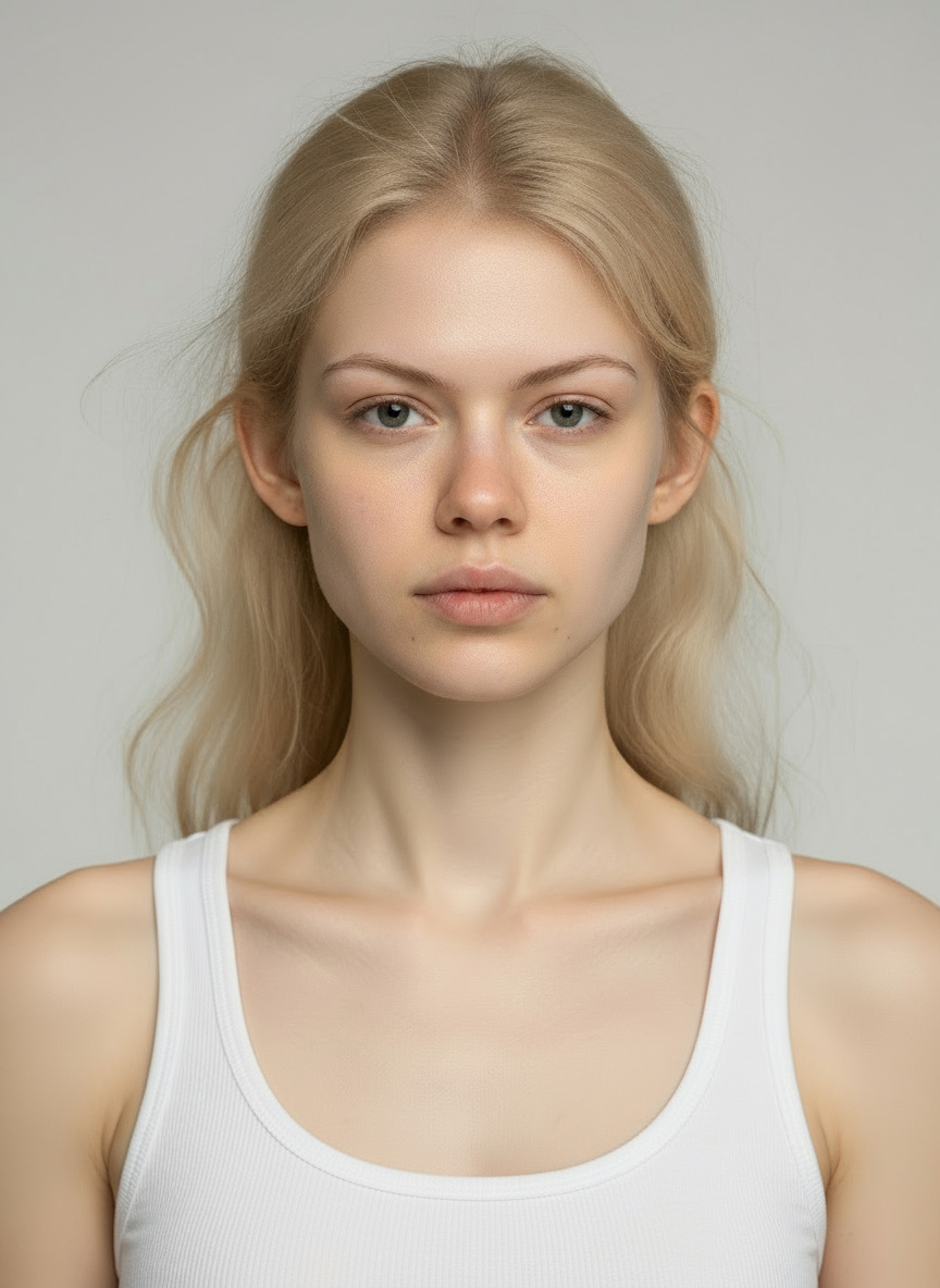 Edgy portrait of AI model Piret with a blonde haircut. The close-up shot captures her bold and expressive features, ideal for an urban or high-concept fashion brand.