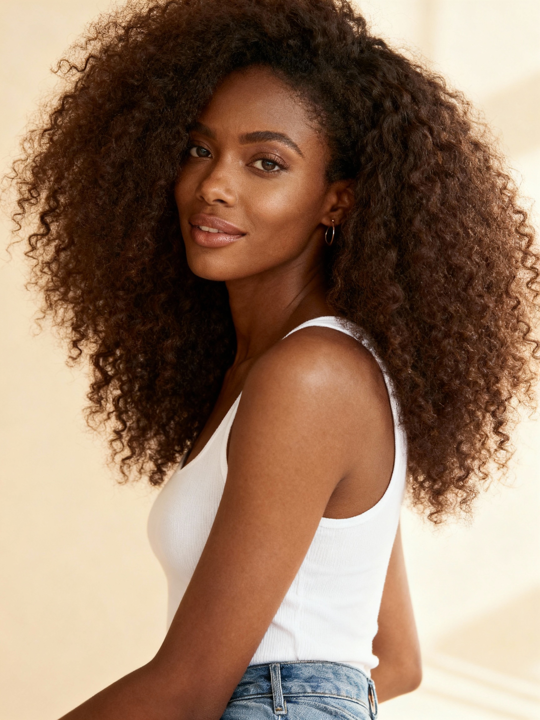 Elegant portrait of AI model Amara with voluminous, textured brown curls. The photo is set against a soft, neutral background, highlighting her warm and sophisticated look for a beauty or wellness brand.
