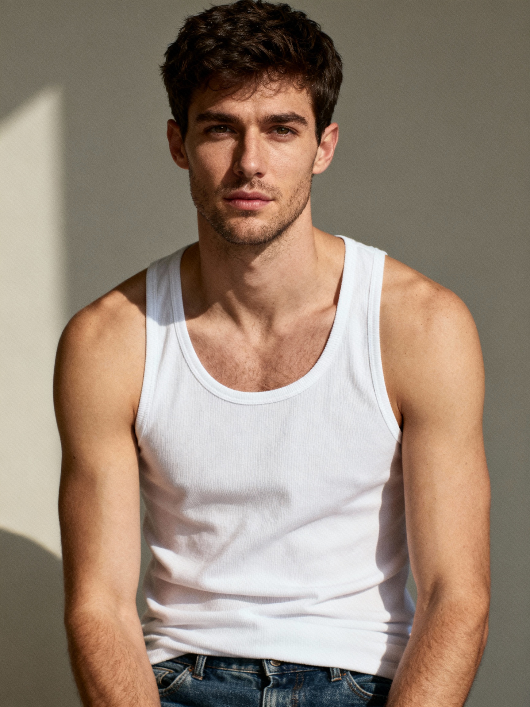 Commercial headshot of AI model Kyle with short, dark brown hair. He is smiling slightly, conveying an approachable and confident look suitable for lifestyle and menswear campaigns.