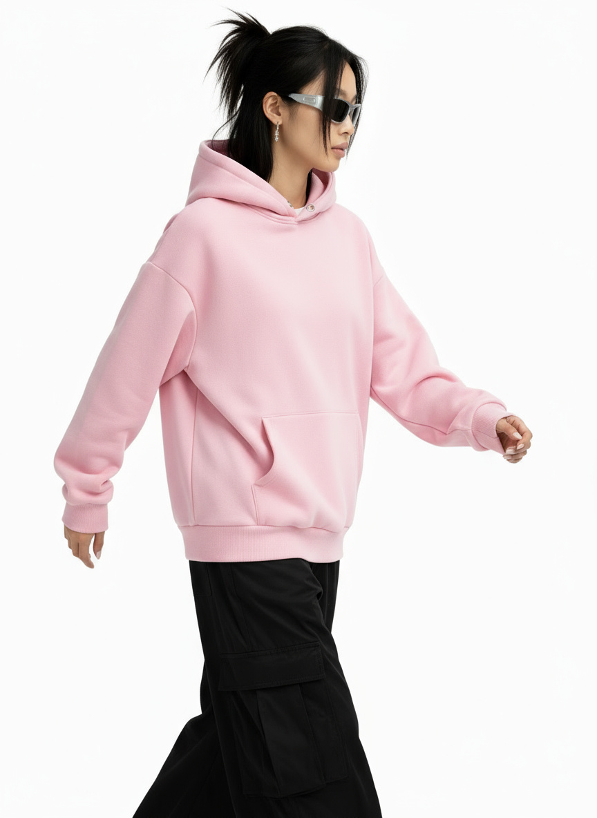 Virtual model wearing a black t-shirt and light-wash jeans, standing with hands in pockets against a clean white background. This image highlights the full outfit for e-commerce.