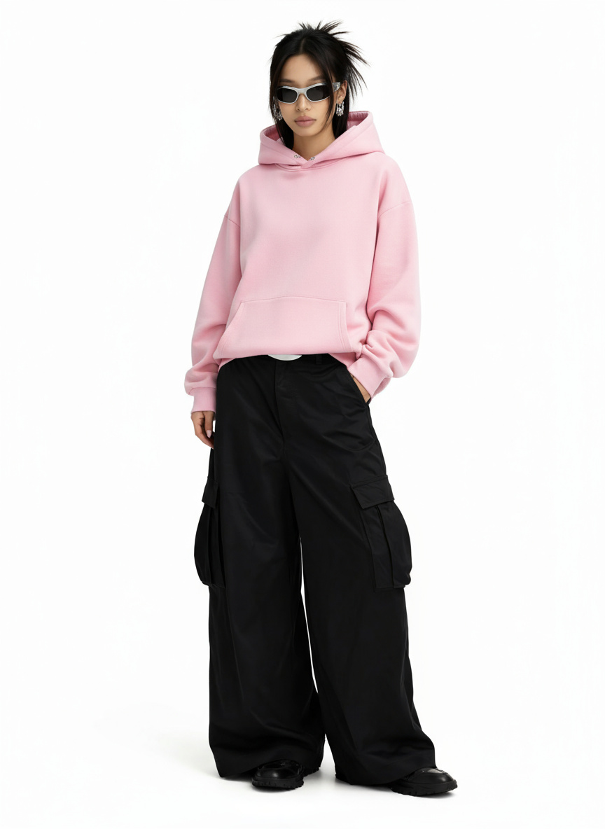 Virtual model wearing a black t-shirt and light-wash jeans, standing with hands in pockets against a clean white background. This image highlights the full outfit for e-commerce.