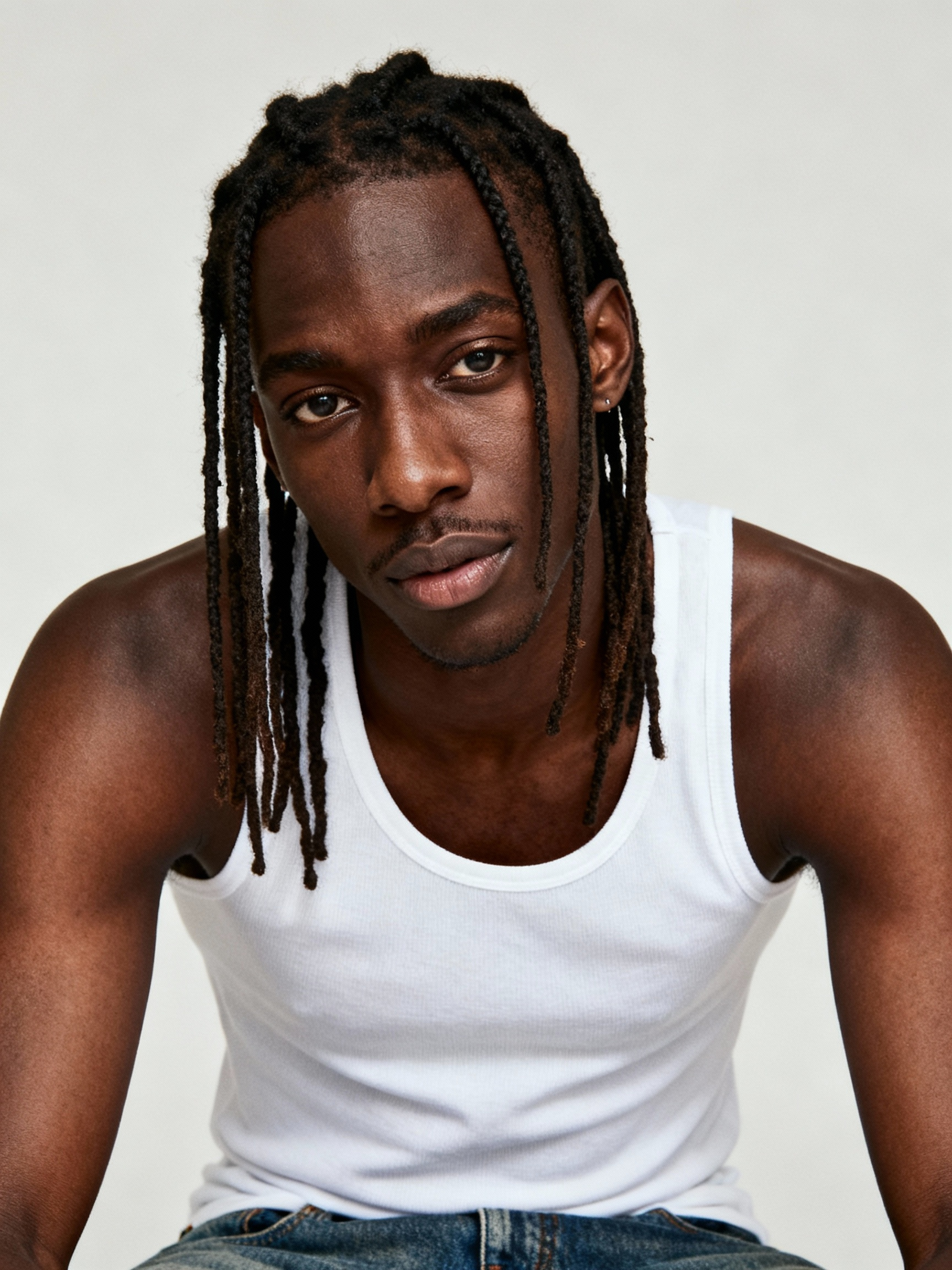 Studio headshot of AI model Jovan with a braided hairstyle. He is wearing a white tank top and has a confident expression, showcasing his look for streetwear and editorial campaigns.