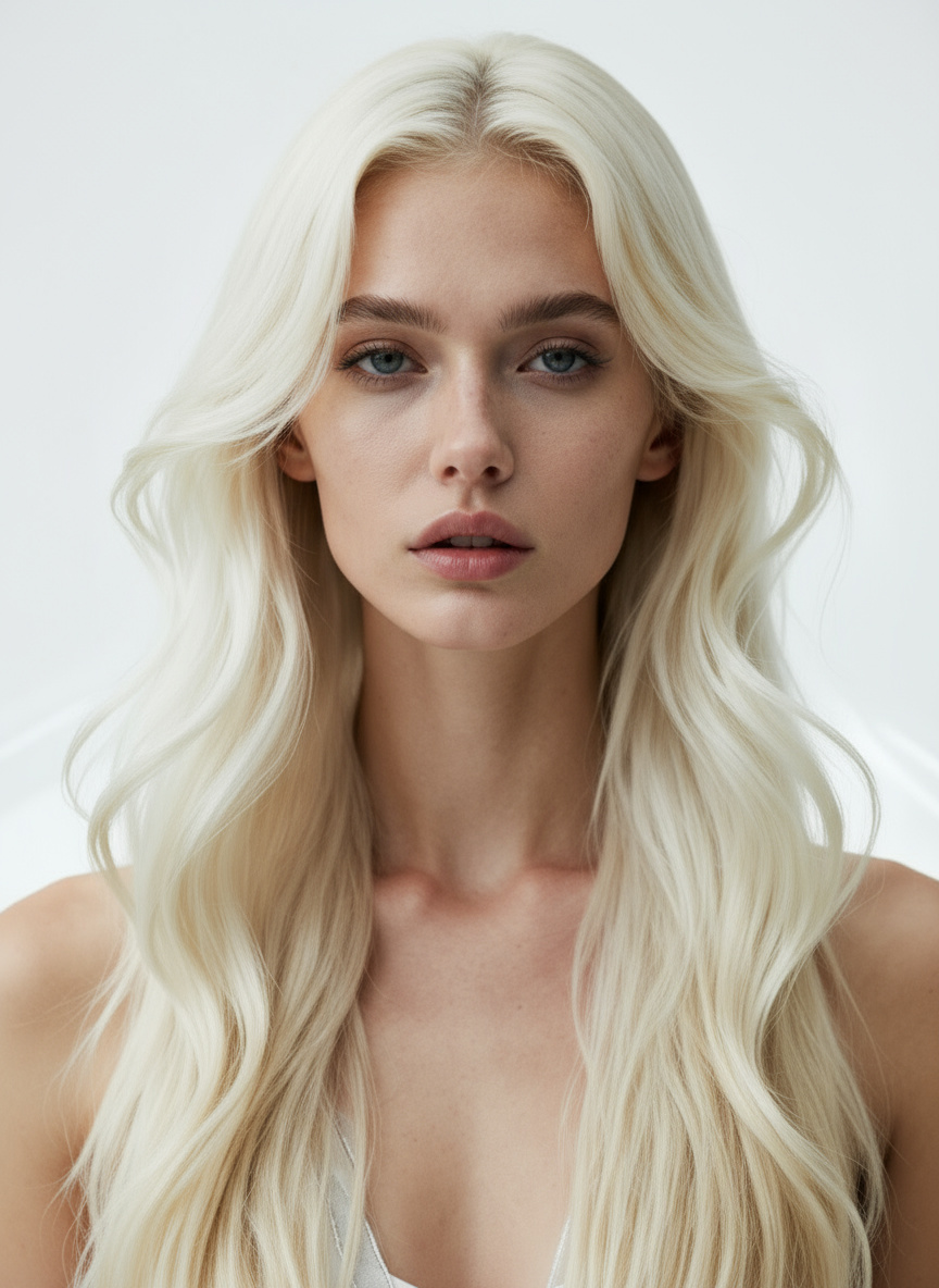 High-fashion portrait of AI model Aura with long platinum blonde hair, wearing a sleek top in a minimalist studio setting. The image highlights a futuristic and elegant aesthetic for an editorial campaign.